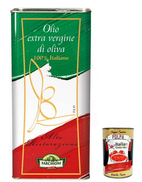 Farchioni Olio Extra Vergine di Oliva Alta Ristorazione Extra Virgin Olive Oil 5Lt Superior Category Cold Extraction Cooking Oil + Italian Gourmet Polpa 400g