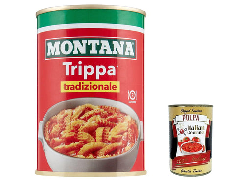 12x Montana Trippa al Sugo, Kaldown 420 g Tripe Meat in Tin Tripe Italy + Italian Gourmet Polpa 400 g