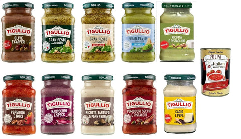 Tigullio Gourmet Sauce Set, 10 x 190 g, Pesto alla Genovese, Cacio e Pepe, Ricotta with Truffle, Pistachio, Olives and Other Varieties, Italian Specialities, + Italian Gourmet Polpa 400g