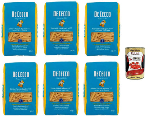 De Cecco Penne Piccole Rigate n°177, Pasta 6 x 500 g, Slow drying, High quality durum wheat semolina, Cooking 12 min (al dente 10), Ideal sauces & gratins + Italian Gourmet polpa 400 g