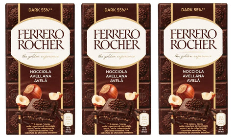 Ferrero Rocher Nocciola Dark Chocolate Bar 55% Dark Chocolate Bar Filled with Hazelnuts 90 g Pack of 3