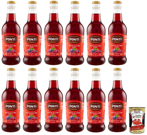 12 x Ponti Aceto di Vino Rosso Red Wine Vinegar Vinegar Acid 6% PET 500 ml + Italian Gourmet Polpa di Pomodoro 400 g Tin