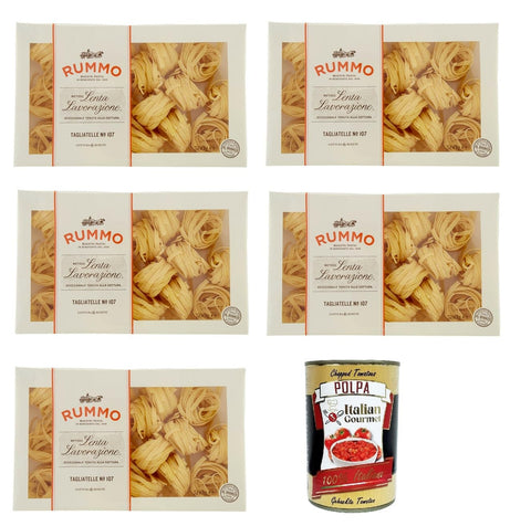 Rummo Tagliatelle N° 107 Pasta Lenta Lavorazione Pasta Made of Durum Wheat Semolina Bronze Drawing 5 x 500 g + Italian Gourmet Polpa 400 g