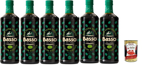 Basso Extra Classic Virgin Olive Oil Italian Cold Pressed 1 Litre Pack of 6 + Italian Gourmet Polpa 400g