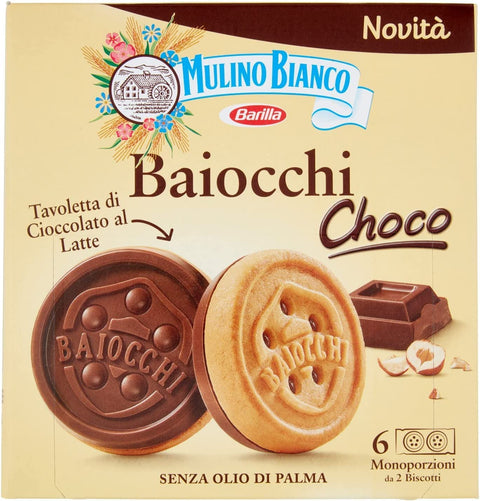 6 x Mulino Bianco Baiocchi Choco Chocolate Biscuits, Shortbread Pastries and Milk Chocolate Bars with Hazelnuts, Excellent as a Snack, 144 g