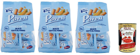 Gran Pavesi Snack Tocchetti, Snack al Corn Cooked in the Oven, No Palm Oil, 3 x 256 g + Italian Gourmet Polpa 400 g