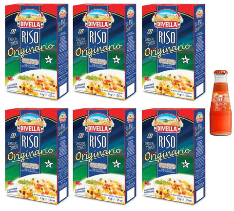 6 x Divella Riso Originario, Rice in Round Beans, Italian Rice, Ideal for Traditional Recipes, Vacuum Pack of 1 kg + 1 x Gingerino Recoaro Italian Aperitivo 10 cl
