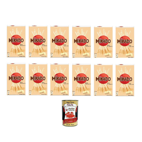 Mikado cioccolato bianco 75 g thin and crispy stick wrapped in delicious white chocolate 12 x 75 g + Italian gourmet polpa 400 g