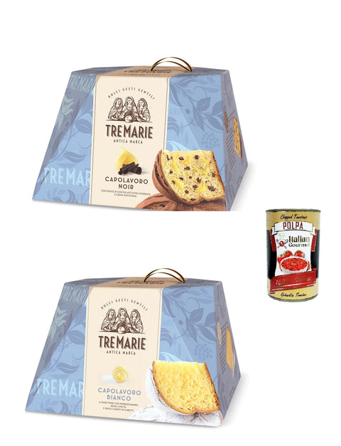 Test Pack Tre Marie Panettone Capolavoro Black 830g and Capolavoro Bianco 800g with Extra Dark Chocolate Chips and Custard + Italian Gourmet Polpa 400g