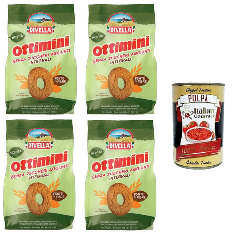 Divella Ottimini integrali senza zuccheri aggiunti cookies whole grain without added sugar 4 x 400 g + Italian gourmet polpa 400 g