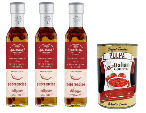 Olitalia Olio extra virgin di oliva al peperoncino extra virgin olive oil with chilli pepper 3 x 250 ml + Italian gourmet polpa 400 g