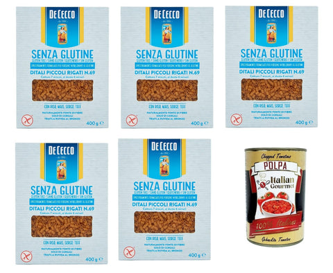 De Cecco Ditali Piccoli Rigati Senza Glutine No. 23, Gluten Free, 100% Italian Pasta Pasta, Gluten Free, 5 x 400 g + Italian Gourmet Polpa 400 g