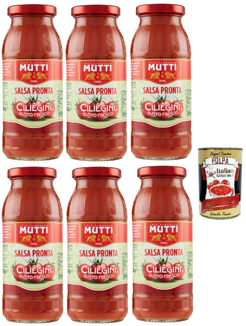 Mutti Salsa Pronta Ciliegini Gusto Fresco Ready Sauce Cherry Tomato Italian Tomato Glass Bottle 6 x 300 g + Italian Gourmet Polpa 400 g