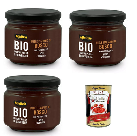 Mielizia Miele Di Bosco Non Pastorizzato Unpasteurised Forest Honey 3 x 300 g + Italian Gourmet Polpa 400 g