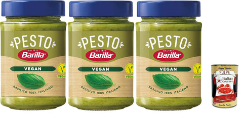 Barilla Pesto Vegan - 3 × 195g Glass, Basil Pesto without Cheese, V-Label, 100% Italian Basil, Ideal for Pasta, Bread & Dip, Vegetarian/Vegan, Premium Set + Italian Gourmet Polpa