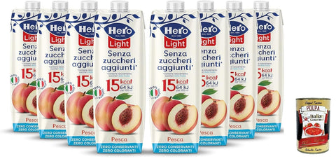 Held Light Fruit Drink Peach Flavour, 8 x 1 L Bottles, Fruit Juice, No Added Sugar, Zero Preservatives, Zero Dyes + Italian Gourmet Polpa 400 g