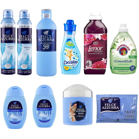 Italy Test Pack Felce Azzurra Aria Casa Room Freshener Shower Bath Bagnodoccia Body Powder + Chante Clair Muschio Bianco Fabric Softener + Coccolino Ammorbidente Aria di Primavera Fabric Softener 750