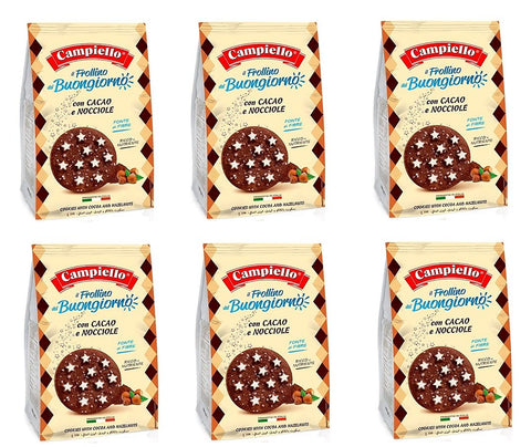 6 x Campiello Biscotti del Buongiorno Frollini con cacao e nocciole shortbread with cocoa and hazelnuts, 700 g, biscuits cookies, 100% Italian biscuits