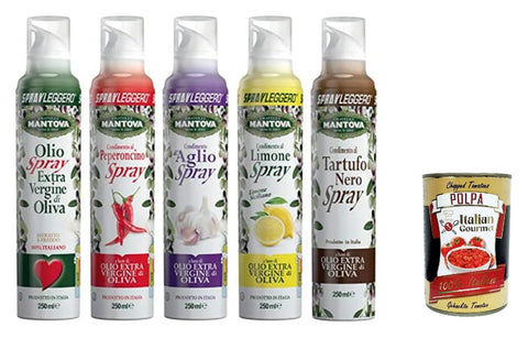 Sprayleggero Set (5 x 250 ml): Extra Virgin Olive Oil and Flavoured with Garlic, Lemon, Chili, Black Truffle + Italian Gourmet Polpa 400 g