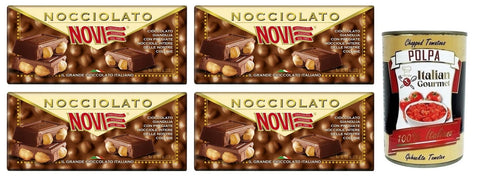 4 x Novi Nocciolato Gianduia con Nocciole Intere, Bar Gianduia Chocolate with Whole Hazelnuts 130 g + Italian Gourmet Polpa di Pomodoro 400 g Tin