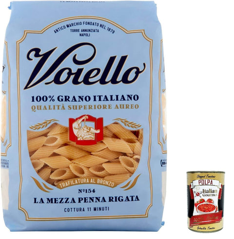 Voiello Pasta Mezze Penne Rigate Pasta 100% Italian N 154 500g + Italian Gourmet Polpa 400g Pack of 20
