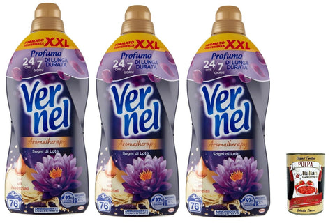 Vernel Concentrato Aromatherapy Fiori Di Loto, Fabric Softener, Scented Concentrated Washing Machine, Intense Freshness and Softness, 3 x 1.9 Litre XXL Packaging + Italian Gourmet Polpa 400 g