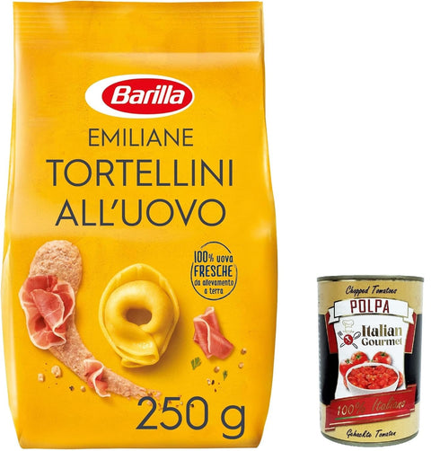 12 x Barilla Pasta all' Uovo Le Emiliane Tortellini with Prosciutto Crudo, Egg Pasta, Pasta with Egg 250 g + Italian Gourmet Polpa 400 g