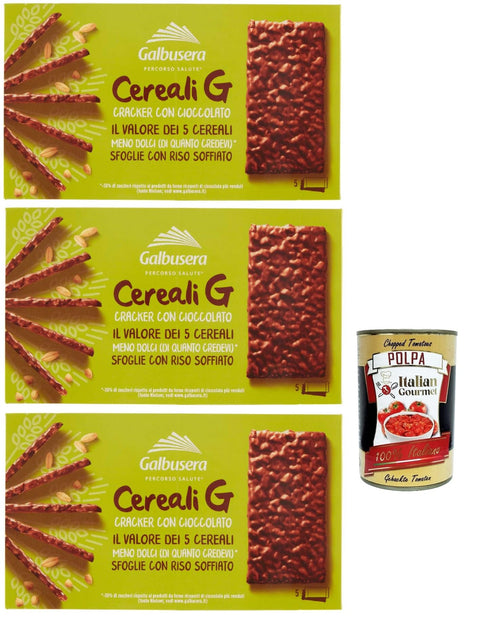 Galbusera CerealiG cracker ai 5 cereali con riso soffiato ricoperte di cioccolato, 5 cereal crackers with used rice covered with chocolate 3 x 150 g + Italian Gourmet polpa 400 g
