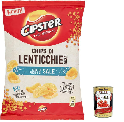 10 x Cipster di Lenticchie Rosse al Sale, Red Lentil Chips with Salt, Iconic Shape and Crispy Flavour, 80 g + Italian Gourmet Polpa 400 g