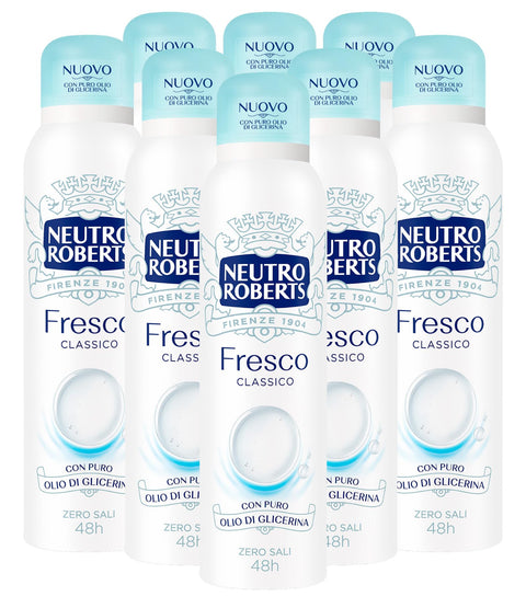 Neutro Roberts Deodorant Spray Fresh Blue Classic Deo 48h Without Aluminium Salts for Natural Skin Transpiration Powder Free Formula Leaves No Stains on Clothes – 8 Bottles of 150 ml
