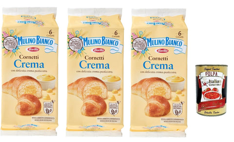 3 x Mulino Bianco Cornetti Croissants Cream Snack Brioche without Additives and Preservatives, 6 Cakes 300 g + Italian Gourmet Polpa 400 g