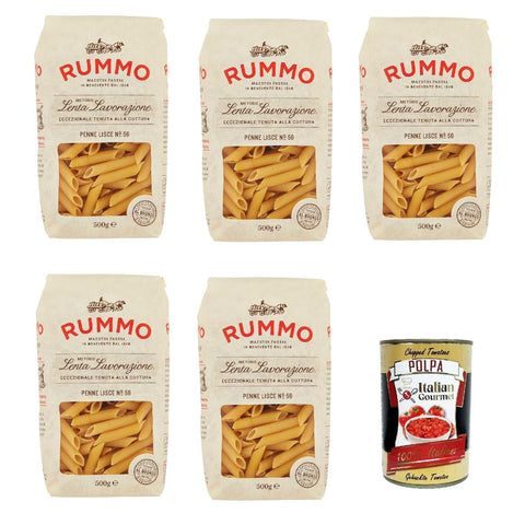 Rummo Penne lisce n° 59 Pasta Lenta Lavorazione Pasta Made of Durum Wheat Semolina Bronze Drawing 5 x 500 g + Italian Gourmet Polpa 400 g