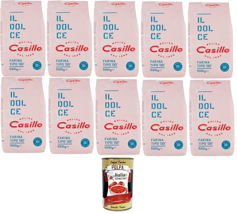 Casillo IL Dolce Farina di Grano Tenero Tipo 00 W 160 IL Dolce Soft Wheat Flour Type 00 W 160 10 x 1 kg + Italian Gourmet Polpa 400 g