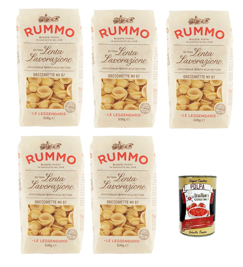 Rummo Le Leggendarie Orecchiette N° 87, Pasta Lenta Lavorazione Pasta Made of Durum Wheat Semolina Bronze Drawing 5 x 500 g + Italian Gourmet Polpa 400 g