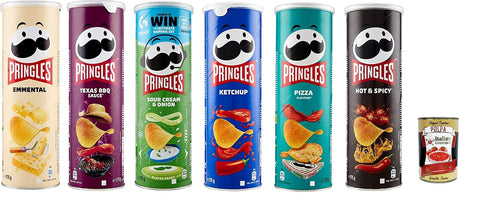 Pringles Variety Pack of 6, Emmental, Texas BBQ, Sour Cream & Onion, Ketchup, Pizza, Hot & Spicy, Stacking Chips Party Mix, Resealable Lid, Crispy Snack 6 x 175 g + Italian Gourmet Polpa