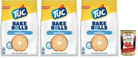 Tuc Bake Rolls, Chips di Pane Sottile e Croccante Gusto Sale, Oven Baked, Thin and Crispy Bread Chips 3 x 150 g + Italian Gourmet Polpa 400 g