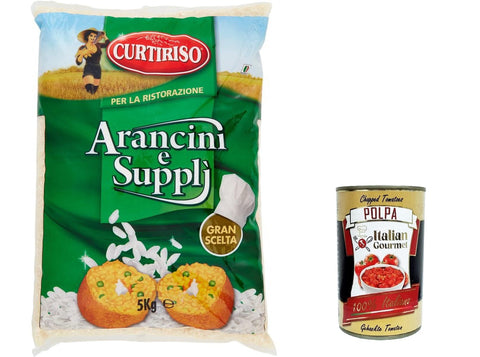 Curtiriso Per la Ristorazione Riso per Arancini e Suppli' For Catering Rice for Arancini and Accessories 5 kg + Italian Gourmet Polpa 400 g