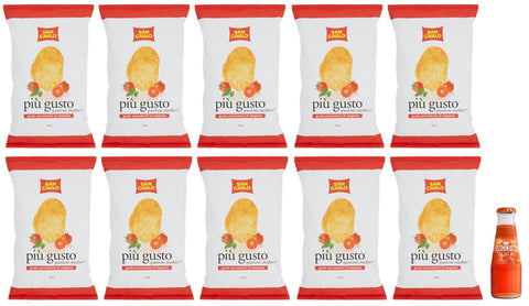 Pack of 10 San Carlo Più Gusto Pomodorini di Stagione Patatine, Tomato Flavour Potato Chips, 150 g Bag + 1 x Free Gingerino Recoaro Aperitivo Italiano 10 cl