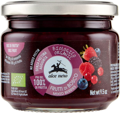 Alce Nero Composta di Frutti di Bosco Biologica Organic Compote of Berries with Organic Strawberries, Blackberries, Blueberries, Red Currants and Raspberries 270 g
