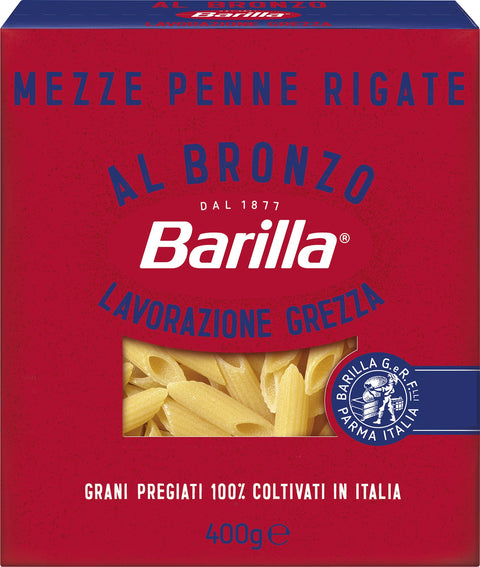 Barilla Mezze Penne Rigate Pasta 100% Italian Wheat, Bronze Drawn Pasta with Raw Processing, Intense Roughness, Thick and Full-bodied Format, High Strength of Gravy and Cooking, 400 g
