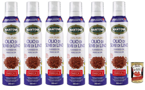 6 x Fratelli Mantova Olio Spray Semi di Lino Linseed Oil, Linseed Oil Spray, Rich in Omega 3, Gluten-Free 200 ml + Italian Gourmet Polpa di Pomodoro 400 g Tin