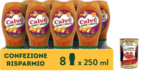 Calvé Salsa Agro & Dolce, 8 pieces of 250 ml, fruity sweet and sour sauce, sweet and balanced, ideal for fried and finger food, no flavours and dyes, gluten free + Italian gourmet polpa 400 g
