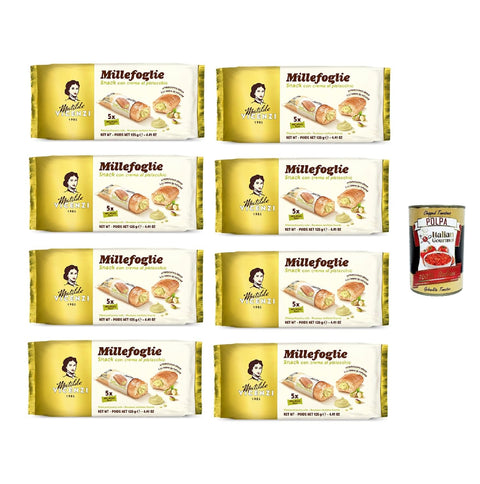 Matilde Vicenzi millefoglie snack con crema al pistacchio 125 g, 8 x 125 g pistachio cream snack + Italian gourmet polpa 400 g