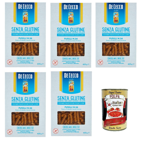 De Cecco Fusillii Senza Glutine No. 34, Gluten Free, 100% Italian Pasta Pasta, Gluten Free, 5 x 400 g + Italian Gourmet Polpa 400 g
