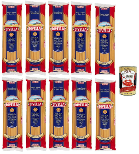 Divella Pasta 100% Italian Linguine N° 14, Durum Wheat Semolina Pasta, Cooking 8 Minutes 10 x 500 g + Italian Gourmet Polpa 400 g