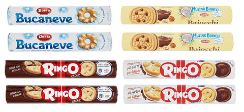Test Pack Tube Biscuits Pavesi Ringo Cocoa (2 x 165g) + Pavesi Ringo Vanilla (2 x 165g) + Baiocchi with Hazelnut and Cocoa Cream (2 x 168g) + Doria Bucaneve (2 x 200g)