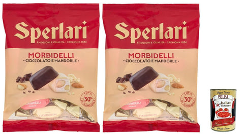 Sperlari Morbidelli Chocolate & Almonds - 2 x 117 g Bags, Delicate Torrone Chocolates with 30% Almonds, Italian Specialty, Snack & Gift Box + Italian Gourmet Polpa