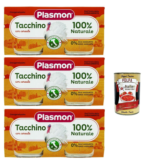 Plasmon Carne Tacchino e cereale 3 x (2 x 80 g) with Italian meat, 100% natural, without starches and spaces added + Italian gourmet polpa 400 g