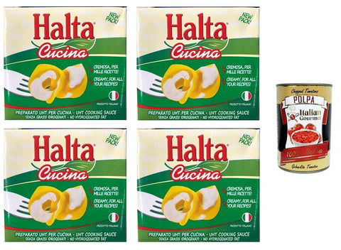 Halta Cucina Preparato Alimentare UHT per Cucina Creamy Preparation UHT for the Kitchen Ideal for Pasta, Sauces, Pizza Cooking Cream 4 x 500 ml + Italian Gourmet Polpa 400 g