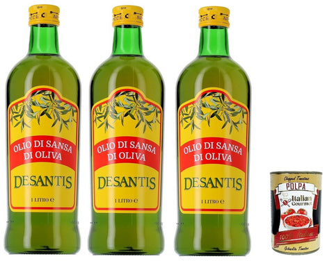 Desantis Olio di Sansa di Oliva, Pomace Olive Oil Ideal for Cooking, 3 x 1 Litre + Italian Gourmet Polpa 400 g